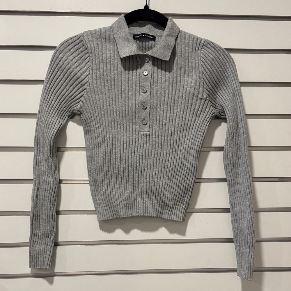 Brandy Melville Grey Ribbed Polo Long Sleeve Top